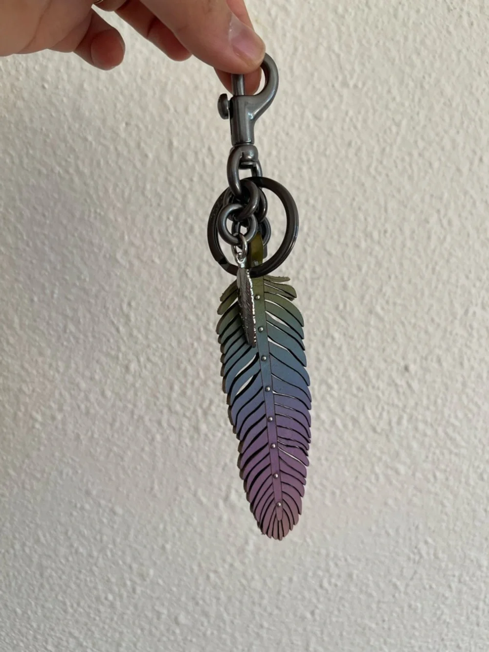 Coach Ombre Feather Key Charm in Green Blue Purple Pink - Picture 2 of 5
